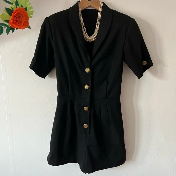 VTG MINT 90s tailored black romper suit gold buttons collar shoulder pads custom